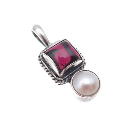 Estelle 925 Sterling Silver Vintage Real Rhodolite & Pearl Charm Pendant