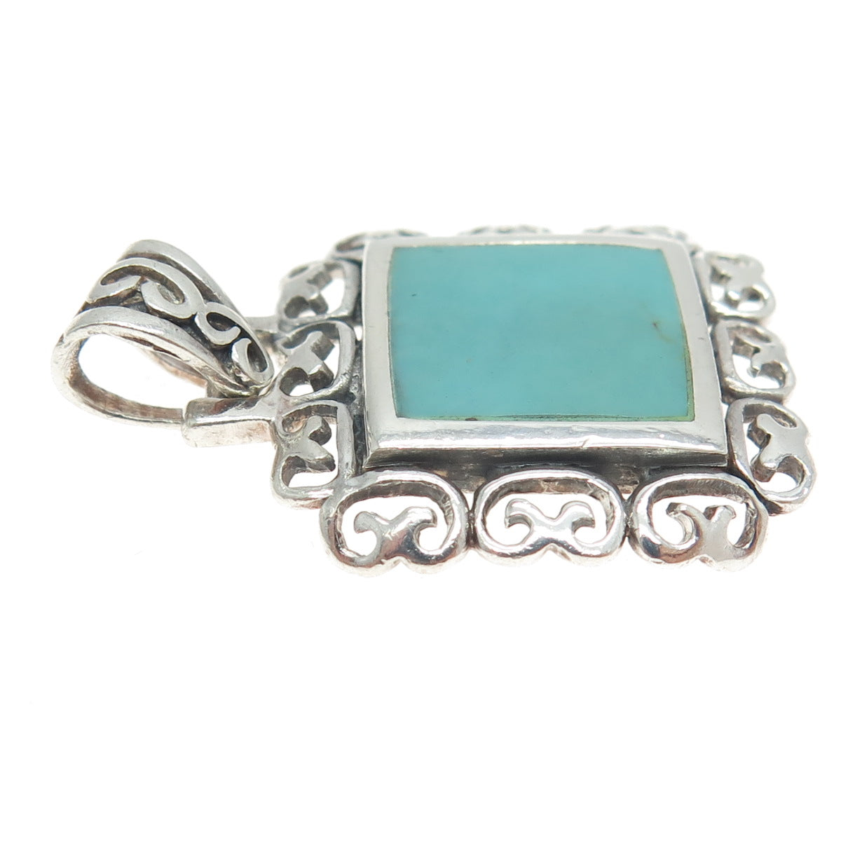 925 Sterling Silver Vintage Real Turquoise Ornate Square Pendant