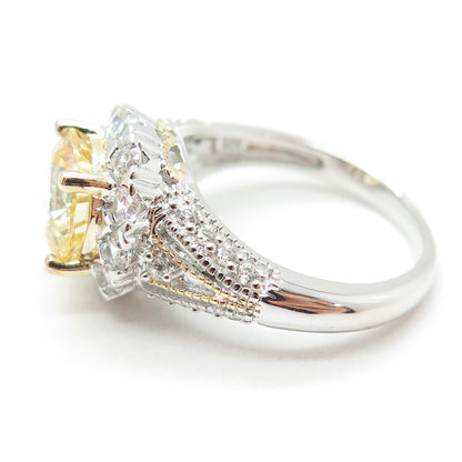 925 Sterling Silver 2-Tone Round-Cut Canary & White C Z Ring Size 8