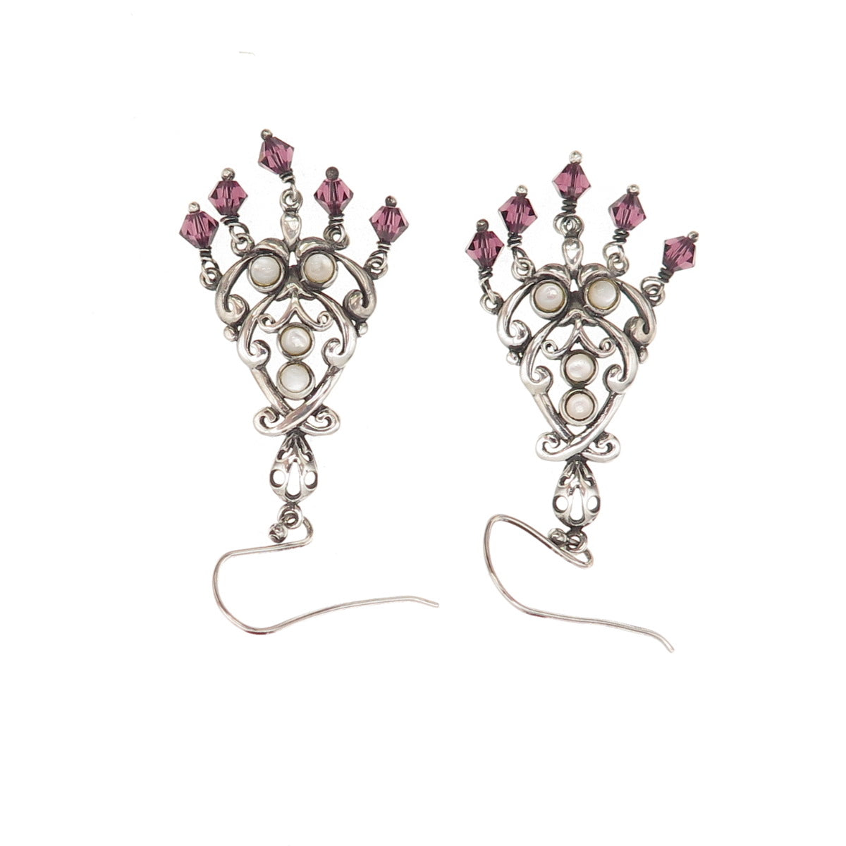 925 Sterling Silver Vintage Real MOP & Amethyst Chandelier Dangle Earrings