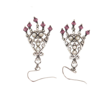 925 Sterling Silver Vintage Real MOP & Amethyst Chandelier Dangle Earrings