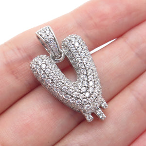 925 Sterling Silver Round-Cut C Z Sparkle Melted Letter V Initial Charm Pendant