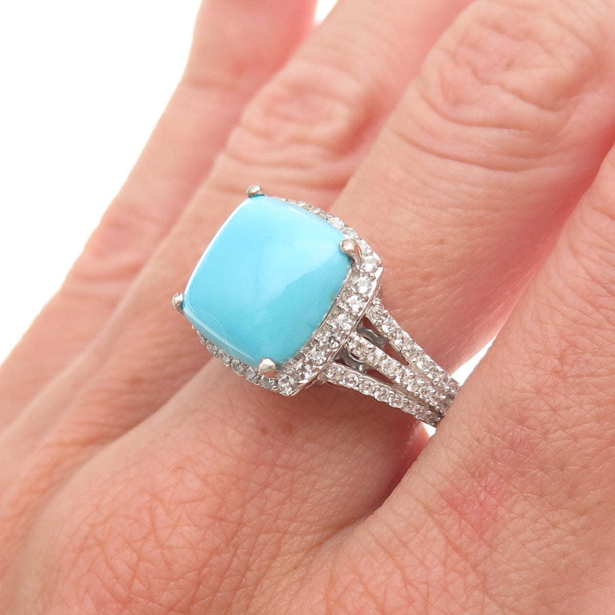 Chuck Clemency 925 Sterling Silver Real Turquoise & White Topaz Ring Size 8.25