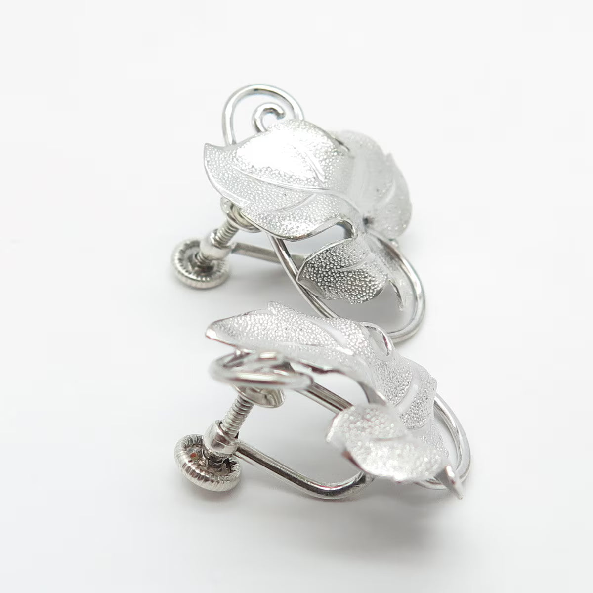 925 Sterling Silver Vintage Textured Leaf Screw Back Earrings