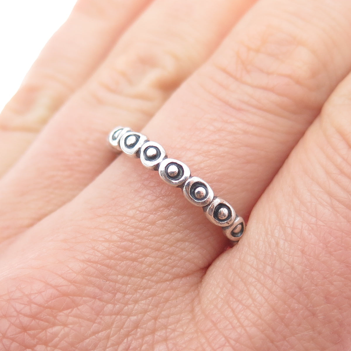 PANDORA 925 Sterling Silver Circle & Dot Stackable Celebration Band Ring Size 8