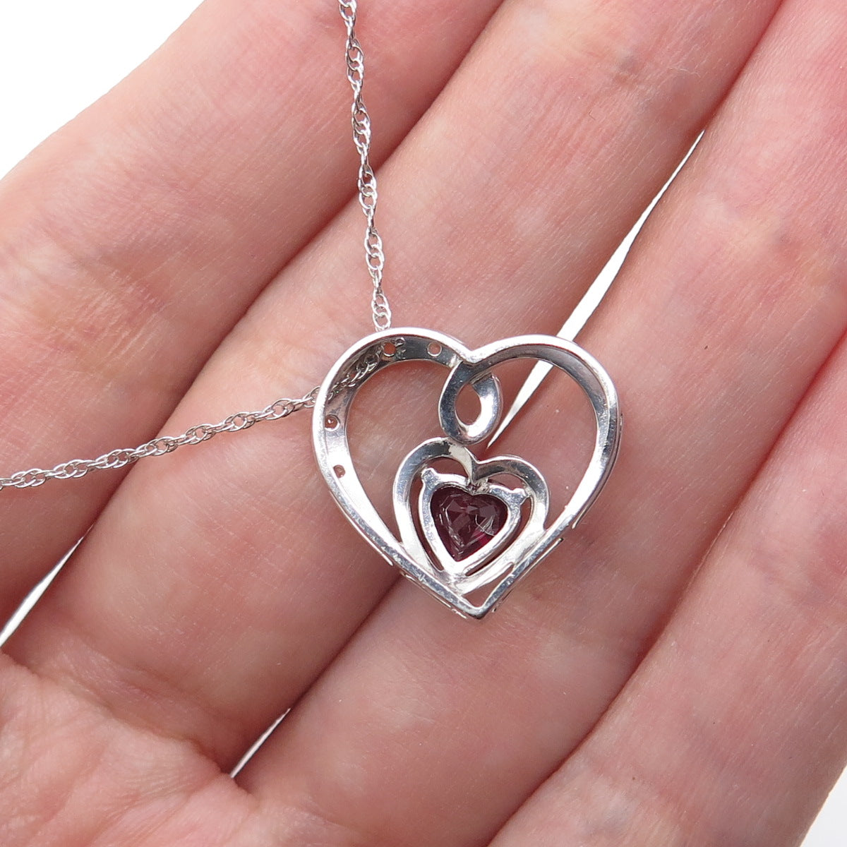 925 Sterling Silver Lab-Created Ruby & C Z Heart Singapore Chain Necklace 18"