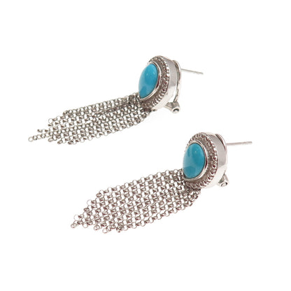 Chapal Zenray 925 Sterling Silver Real Turquoise Tassel Omega Back Earrings