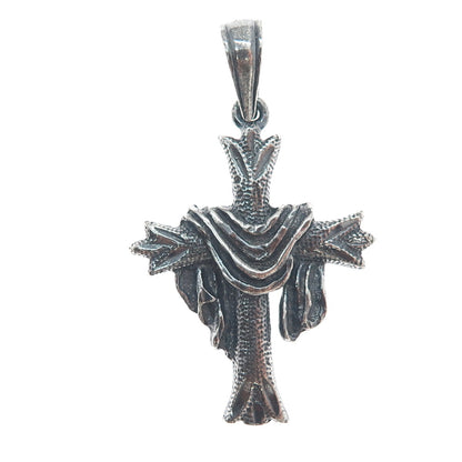 925 Sterling Silver Vintage Cross w/ Jesus Garment Religious Oxidized Pendant
