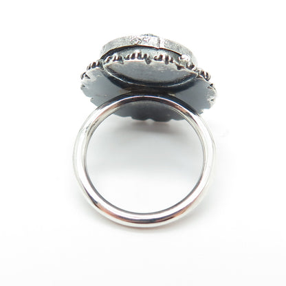 925 Sterling Silver Vintage Faux Turquoise Cannetille Oxidized Ring Size 5