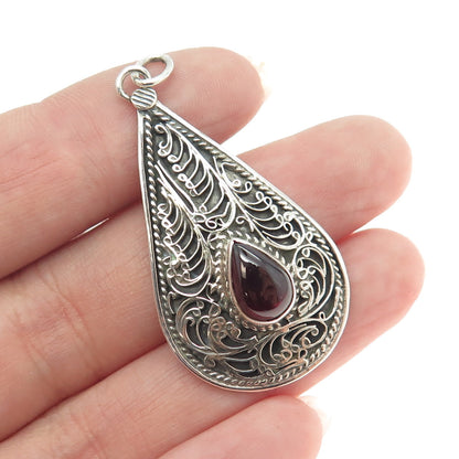 925 Sterling Silver Vintage Real Tourmaline Filigree Teardrop Pendant