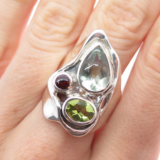 HAGIT GORALI Sterling Silver Vintage Green Amethyst Garnet Peridot Ring Size 8.5