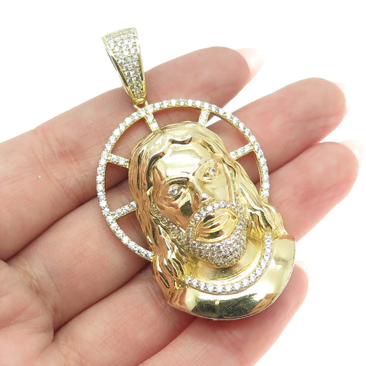 REL 925 Sterling Silver Gold Plated Round-Cut Shaped C Jesus Religious Pendant