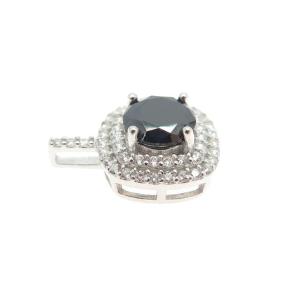 HAN925 Sterling Silver Real Black Spinel Gemstone & C Z Pendant