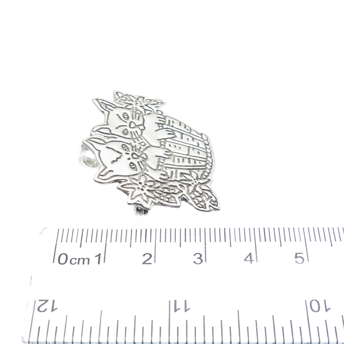 925 Sterling Silver Vintage Mexico Kitty Cat Basket Oxidized Pin Brooch Pendant