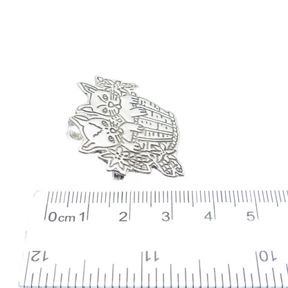 925 Sterling Silver Vintage Mexico Kitty Cat Basket Oxidized Pin Brooch Pendant
