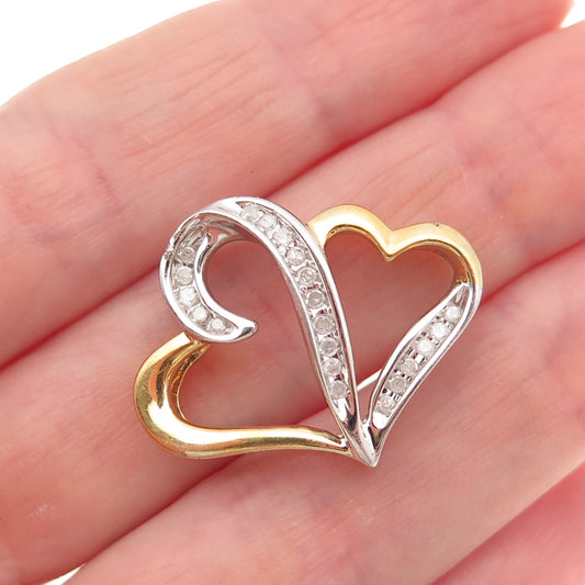925 Sterling Silver 2-Tone Real Diamond Couple Heart Slide Charm Pendant