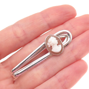925 Sterling Silver Antique Art Deco Real MOP Carved Lady Cameo Tie Clip