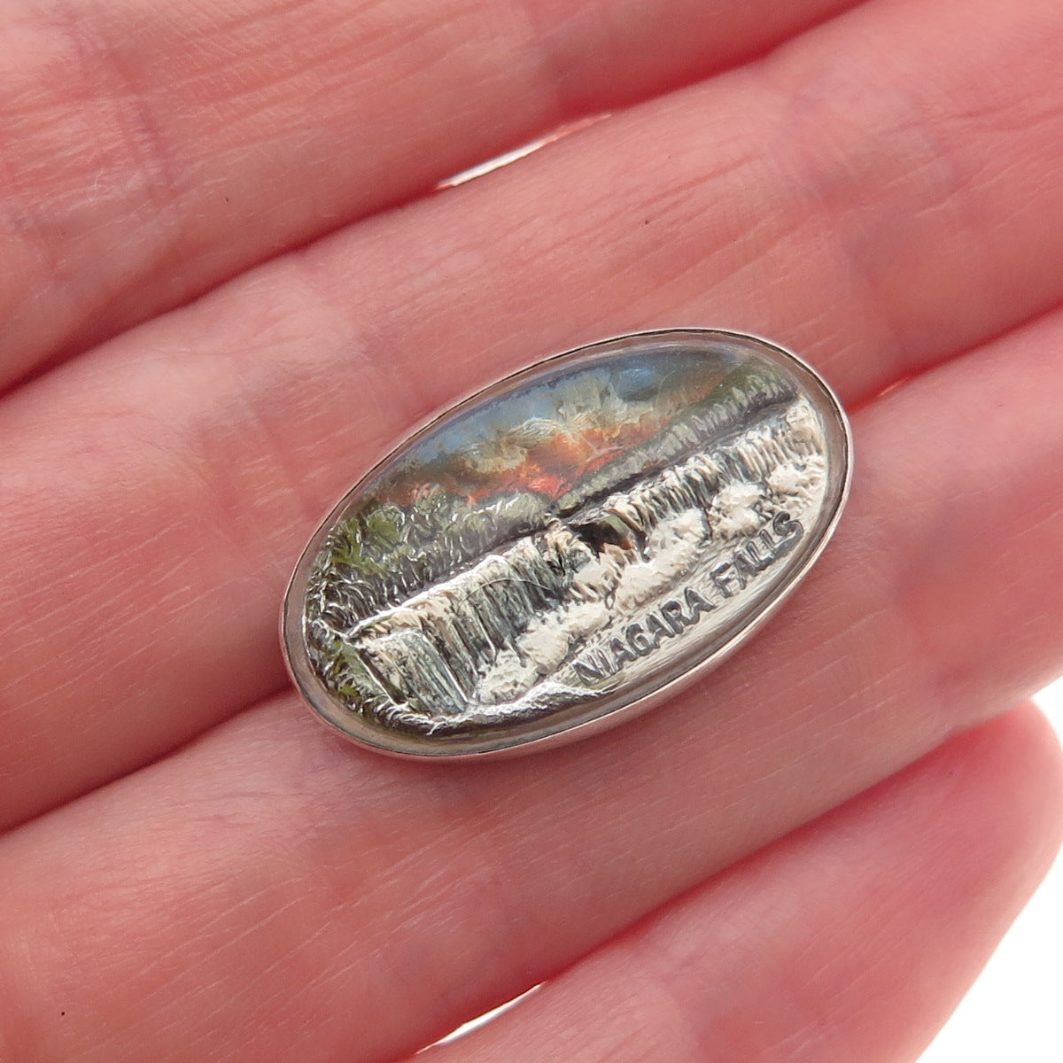 925 Sterling Silver Antique Art Deco Niagara Falls Hand-Painted Pin Brooch