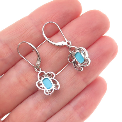 925 Sterling Silver Real Sleeping Beauty Turquoise Floral Dangle Earrings
