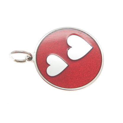 925 Sterling Silver Red Enamel Couple Heart Round Tag Minimalist Charm Pendant