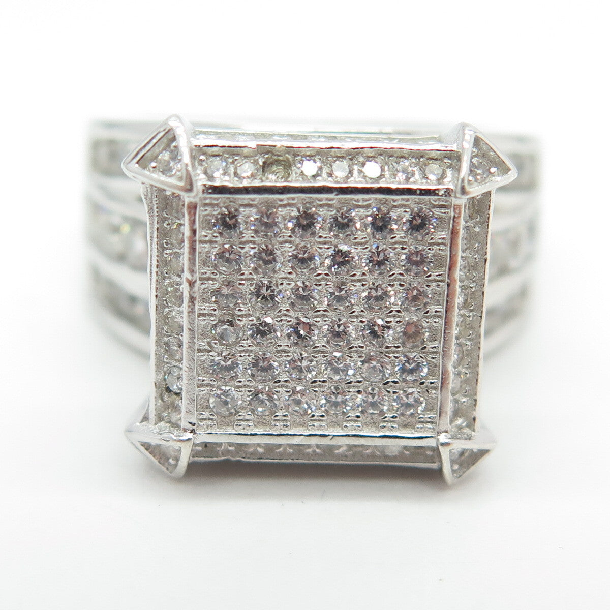925 Sterling Silver Round-Cut C Z Statement Square Ring Size 7.5