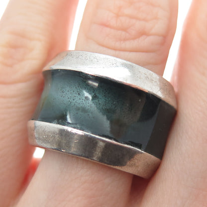 925 Sterling Silver Vintage Enamel Modernist Oxidized Ring Size 7.75
