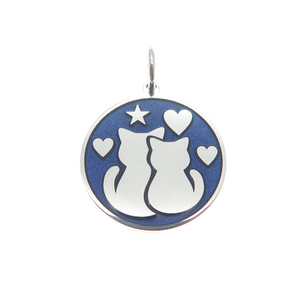 925 Sterling Silver Purple Enamel Cat Couple Heart Minimalist Charm Pendant