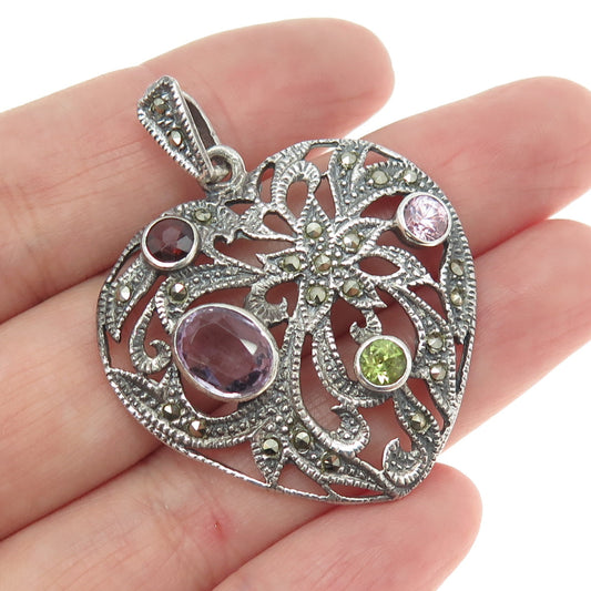 925 Sterling Silver Vintage Real Amethyst Garnet Peridot Marcasite Heart Pendant