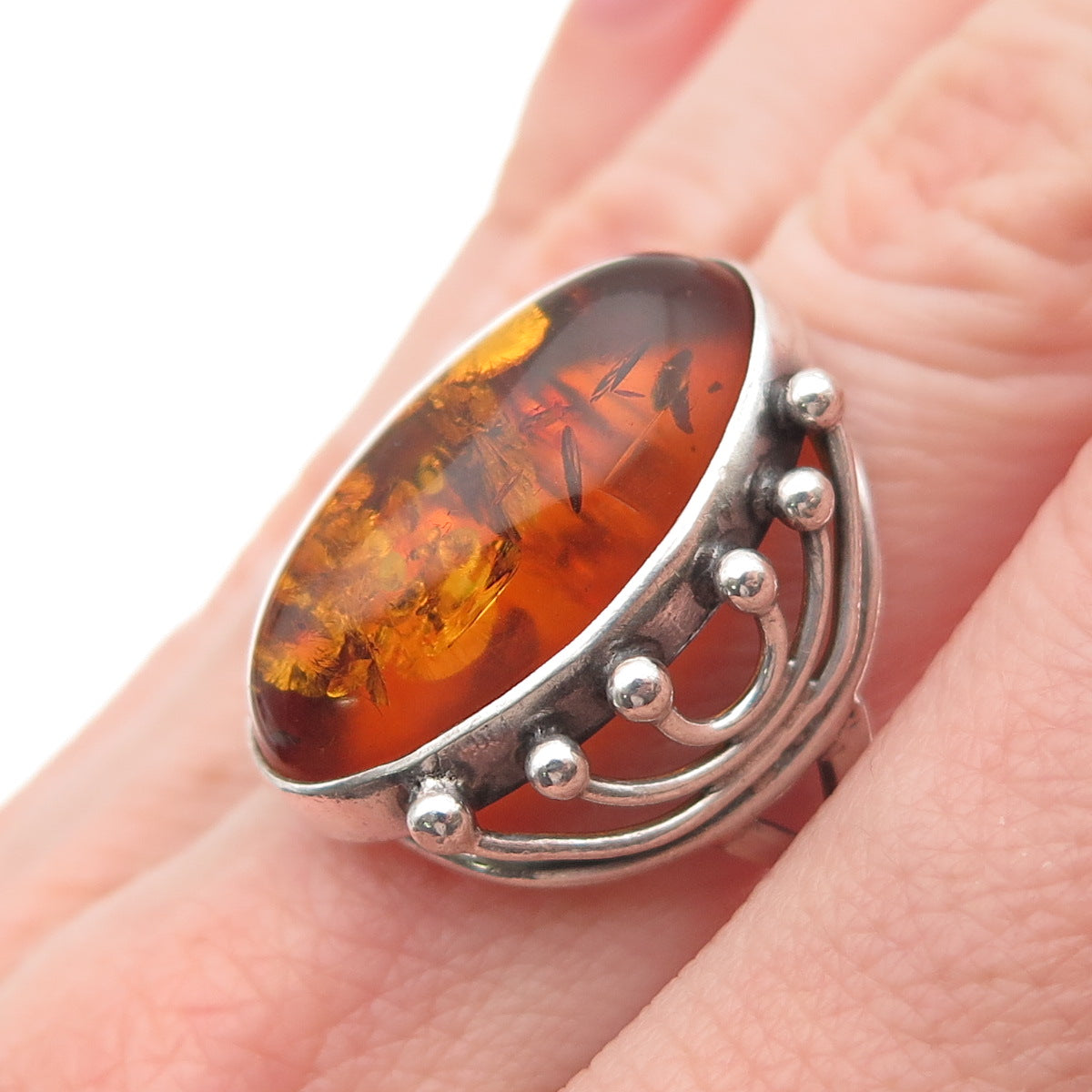 925 Sterling Silver Vintage Real Amber Modernist Oxidized Ring Size 6.75