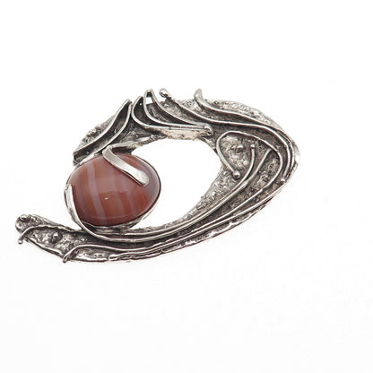 925 Sterling Silver Vintage Real Agate Modernist Oxidized Slide Pendant