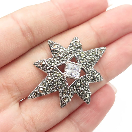 925 Sterling Silver Vintage Judith Jack Marcasite & White C Z Star Pin Brooch