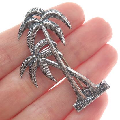 925 Sterling Silver Vintage Palm Tree Oxidized Pin Brooch
