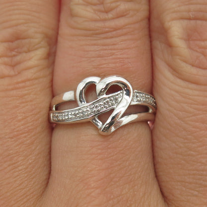 925 Sterling Silver Real Round-Cut Diamond Heart Ring Size 7