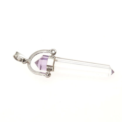 925 Sterling Silver Vintage Real Amethyst & Clear Crystal Amulet Charm Pendant