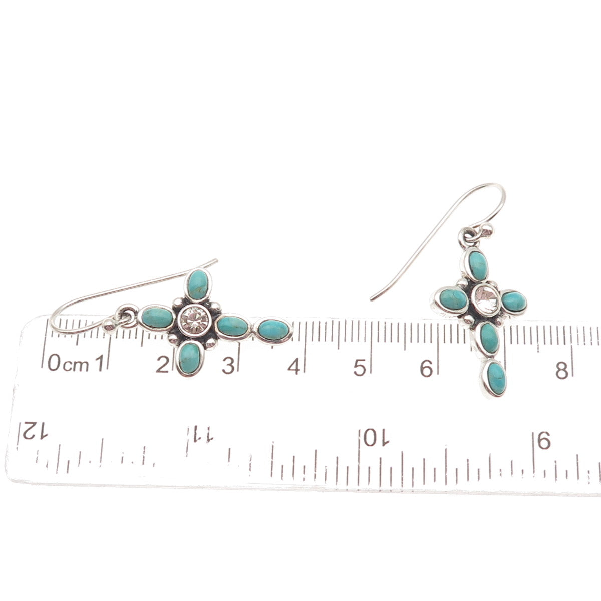 BARSE Sterling Silver Vintage Rhinestone Real Turquoise Cross Dangle Earrings