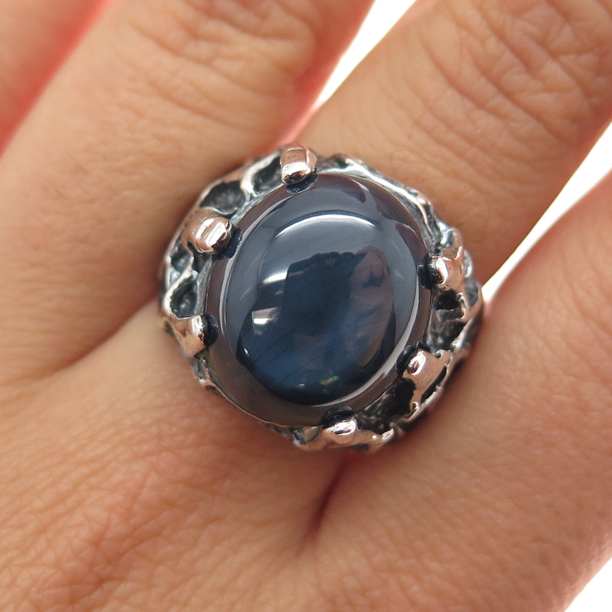 925 Sterling Silver Vintage Real Star Sapphire Modernist Oxidized Ring Size 9.5