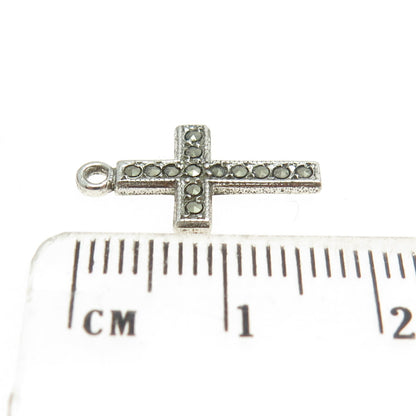 925 Sterling Silver Antique Art Deco Real Marcasite Cross Minimalist Pendant