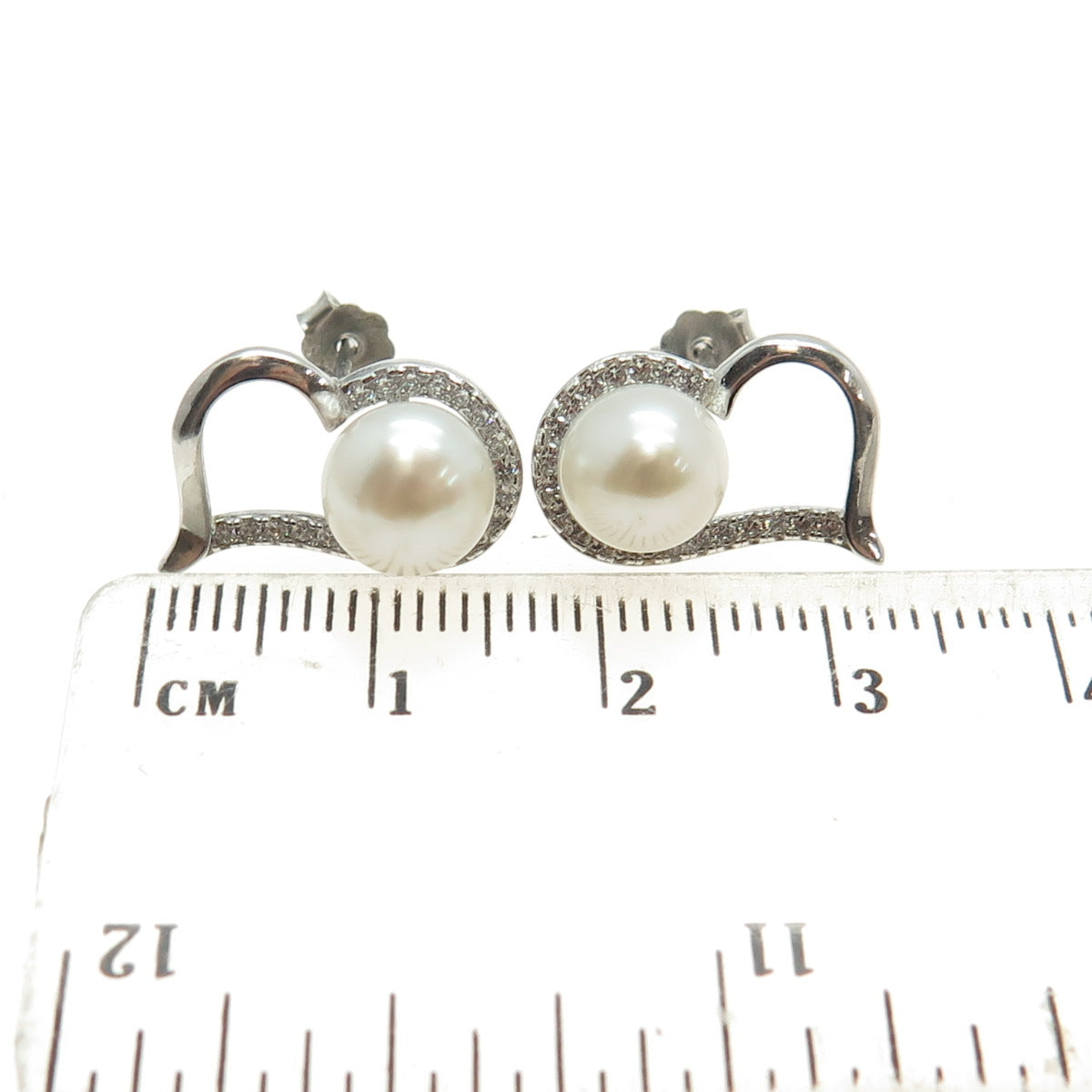 925 Sterling Silver Real Pearl & C Z Open Heart Stud Earrings