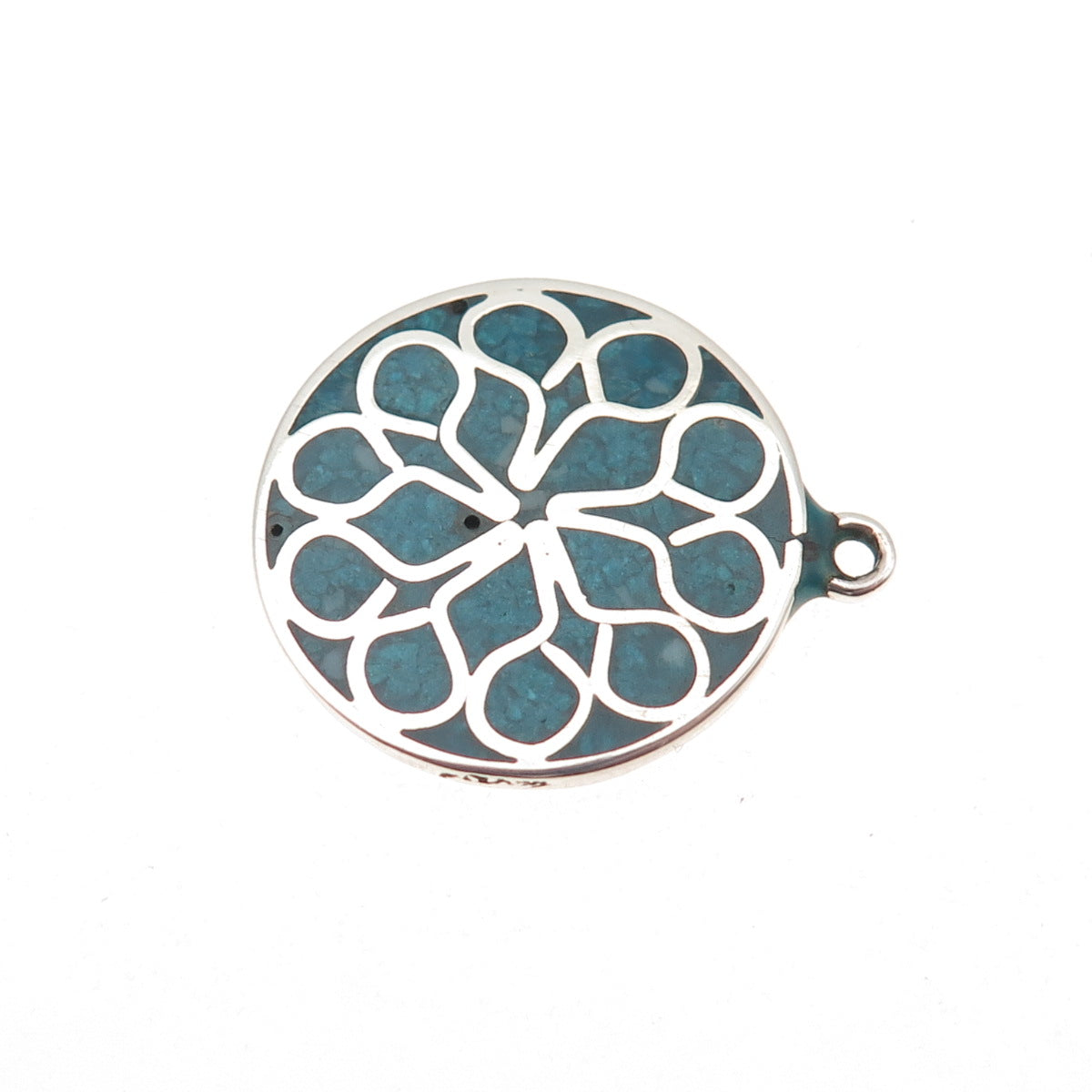 925 Sterling Silver Vintage Real Turquoise Inlay Floral Charm Pendant