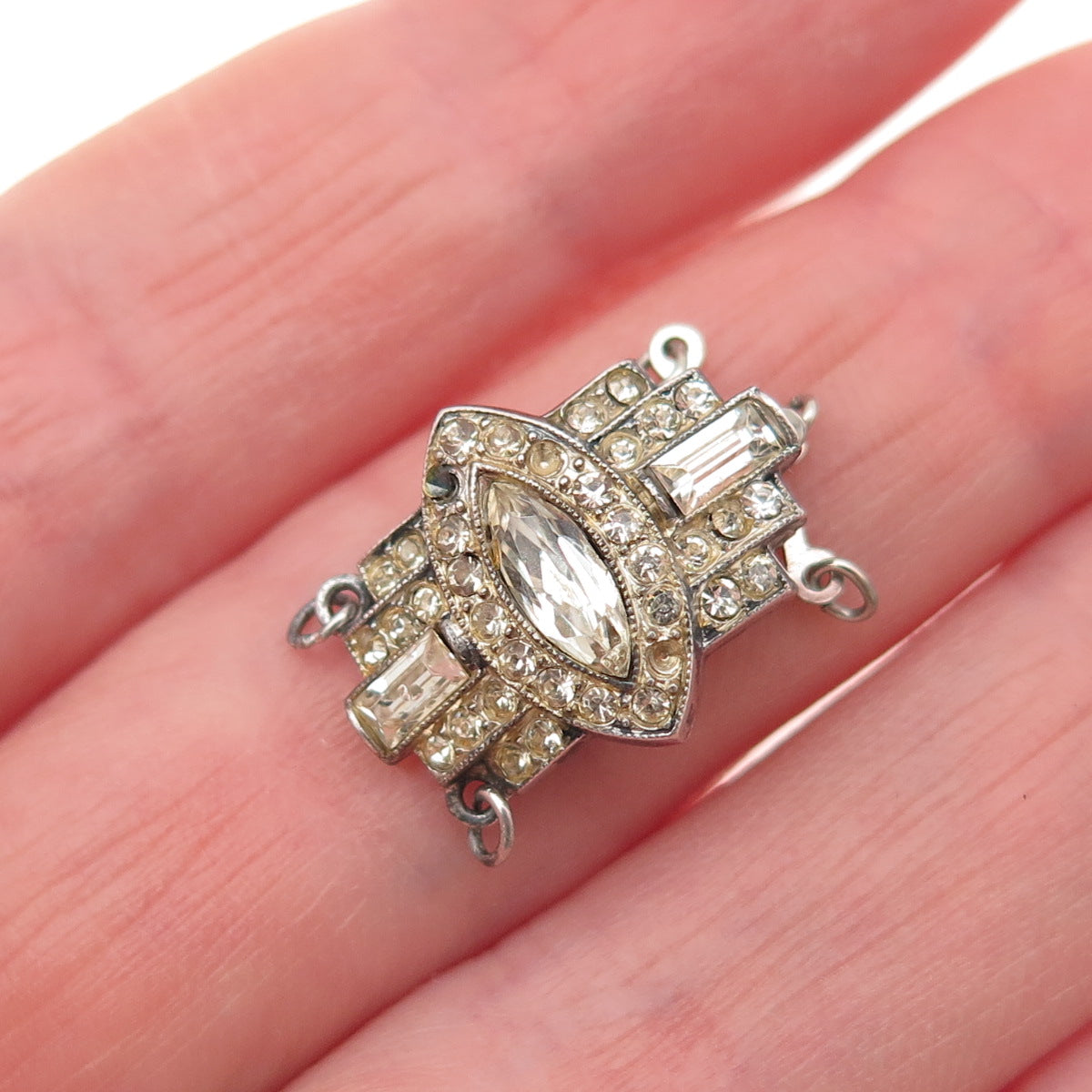 925 Sterling Antique Rhinestone Bracelet / Necklace Box Lock (missing 3 stones)