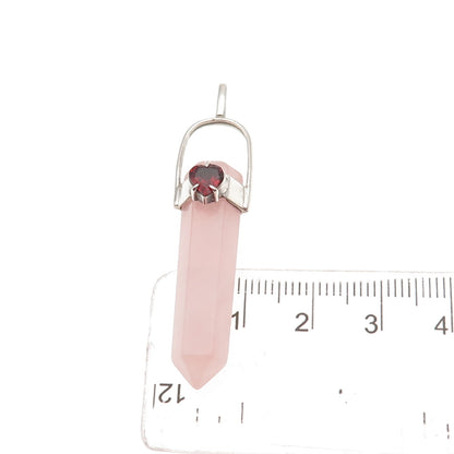 925 Sterling Silver Vintage Real Rose Quartz & Red Garnet Heart Amulet Pendant