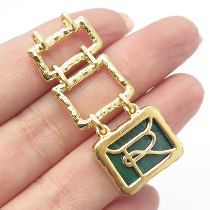 925 Sterling Silver Gold Plated Real Malachite Modernist Slide Pendant