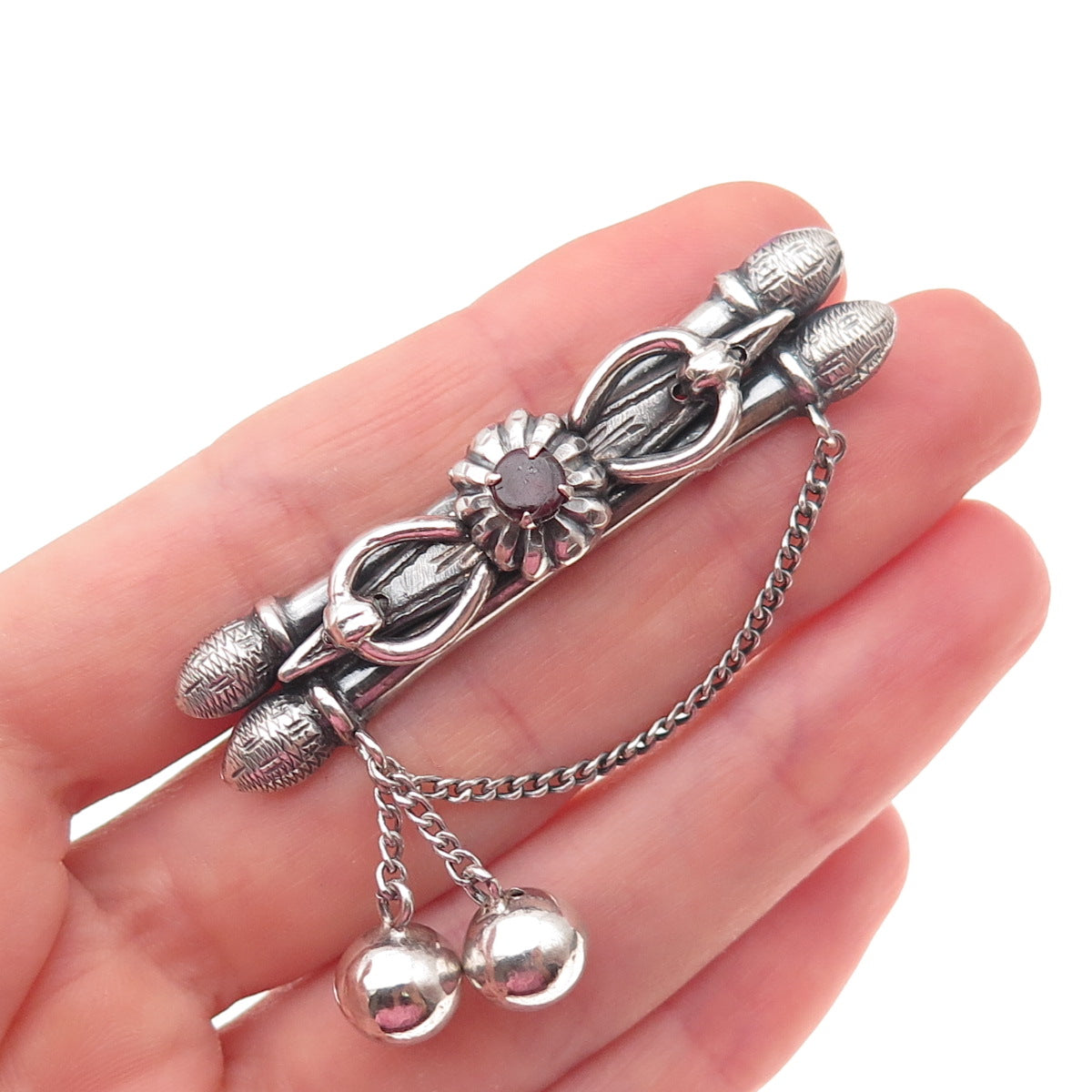 84 Silver Antique Real Red Garnet Oxidized Pin Brooch