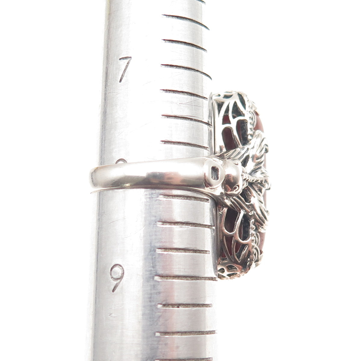 JOY 925 Sterling Silver Vintage Real Red Aventurine Fish Oxidized Ring Size 8.25