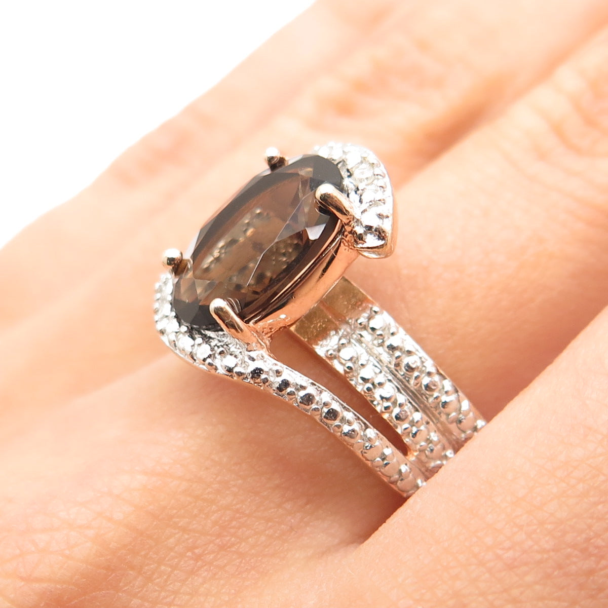 925 Sterling Rose Gold Plated Real Diamond Accent & Smoky Topaz Ring Size 7.25