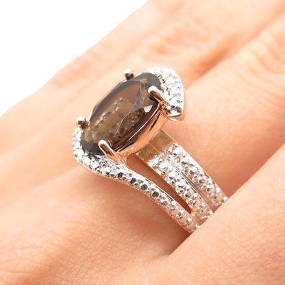 925 Sterling Rose Gold Plated Real Diamond Accent & Smoky Topaz Ring Size 7.25