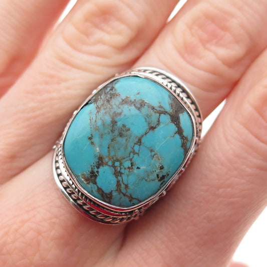 925 Sterling Silver Vintage Real Turquoise Ornate Oxidized Ring Size 8.75
