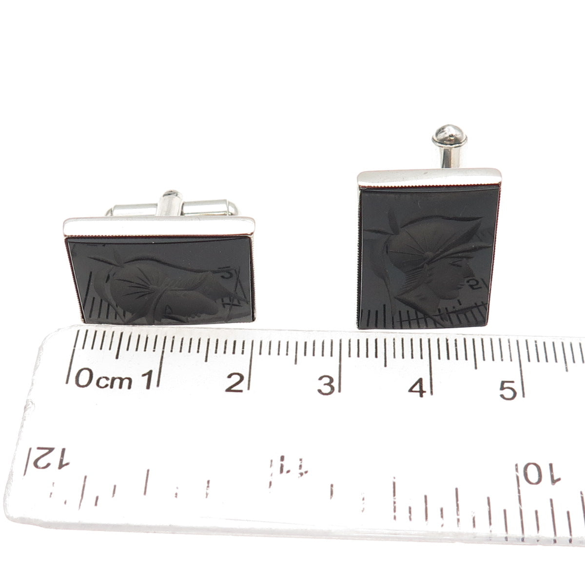 925 Sterling Silver Vintage Real Black Onyx Carved Roman Warrior Cufflinks
