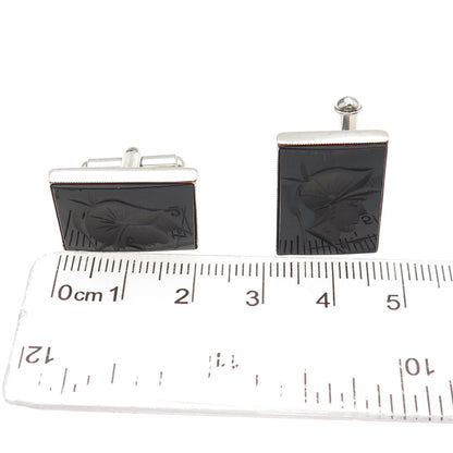 925 Sterling Silver Vintage Real Black Onyx Carved Roman Warrior Cufflinks
