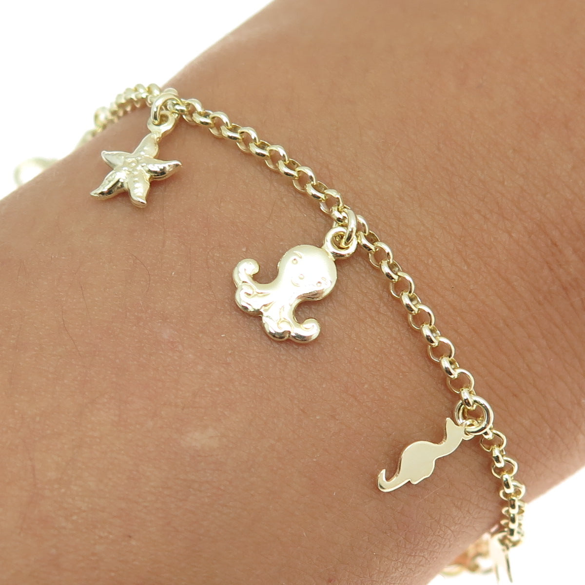 925 Sterling Silver Gold Plated Sea Life Dangle Charm Rolo Link Bracelet 7"